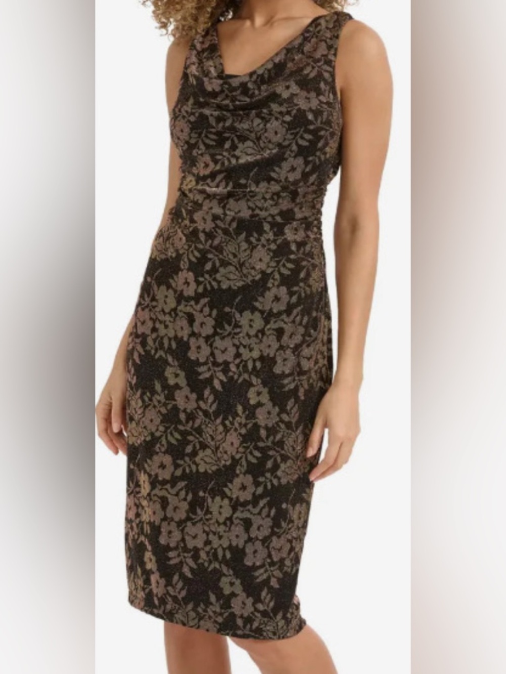 Kenzie Metallic Bronze Floral/BlackCowl Neck Fitted Sheath Dress: Size 8